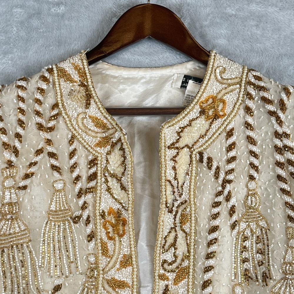 Vintage Niteline Della Roufogali Womens M Silk Beaded Tassel Evening Jacket Gold - Picture 4 of 16